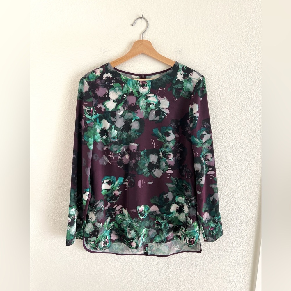 ST. JOHN purple silk floral long sleeve blouse / size 6